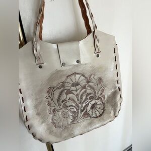 True Vintage 70s Tooled Leather Purse Off White Hippie Chic Braided Straps Bag